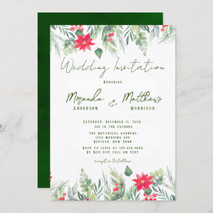 Christmas Watercolor Poinsettia Leaf Wedding Invitation