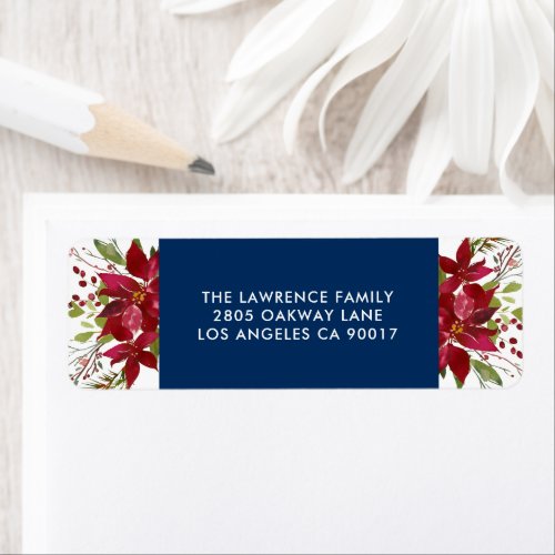 Christmas Watercolor Poinsettia Navy Blue Address Label