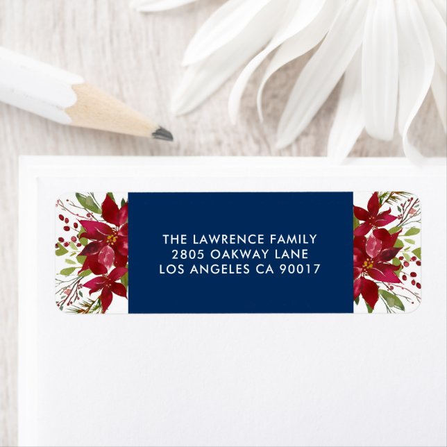 Christmas Watercolor Poinsettia Navy Blue Address Label (Insitu)