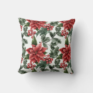 Christmas Watercolor Poinsettia Pattern Throw Pillow