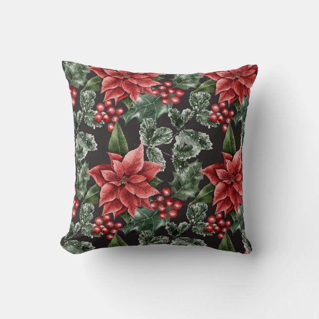 Christmas Watercolor Poinsettia Pattern Throw Pillow (Front)