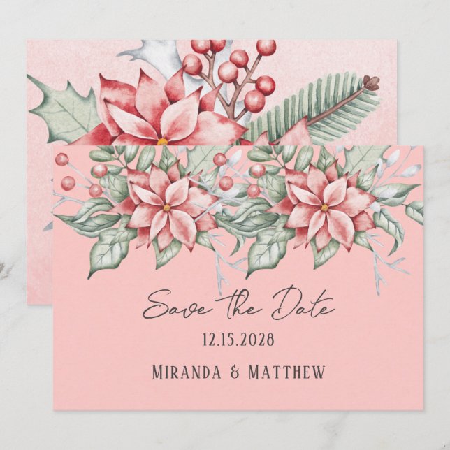Christmas Watercolor Poinsettia Save The Date Invitation (Front/Back)