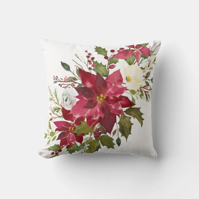 Christmas Watercolor Poinsettia Throw Pillow (Front)