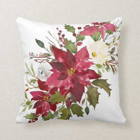 Christmas Watercolor Poinsettia Throw Pillow