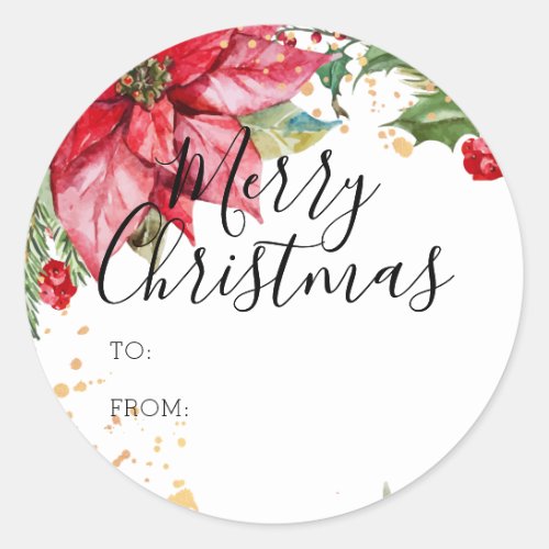 Christmas Watercolor Poinsettia TO and FROM Classic Round Sticker