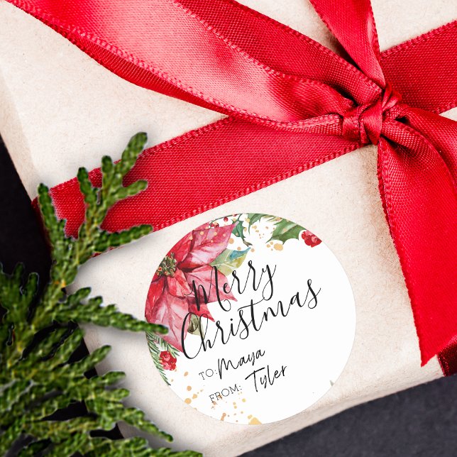 Christmas Watercolor Poinsettia TO and FROM Classic Round Sticker (Christmas Watercolor Poinsettia TO and FROM Classic Round Sticker)