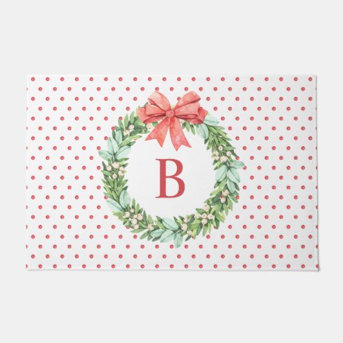 Christmas Watercolor Polka Dot Wreath Monogram Doormat