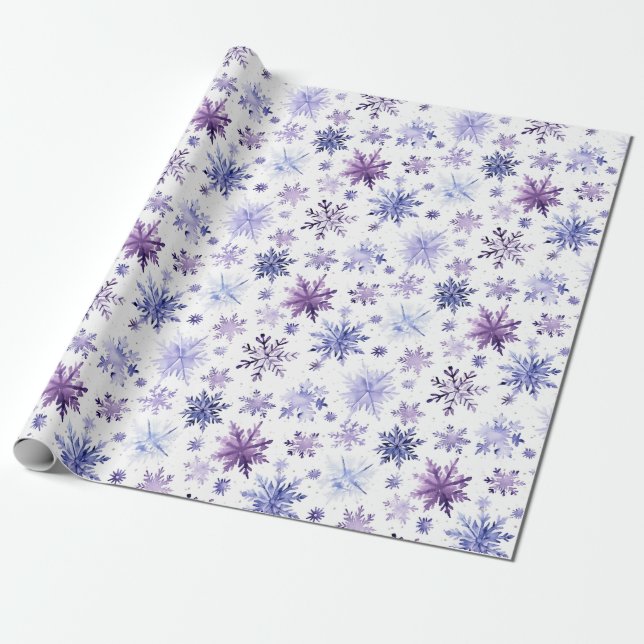 Christmas watercolor purple snowflakes pattern  wrapping paper (Unrolled)