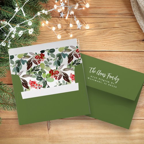 Christmas Watercolor Red and Green Holly Berries Envelope