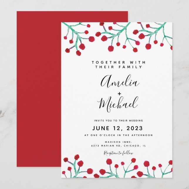 Christmas Watercolor Red Berry Botanical Wedding Invitation (Front/Back)