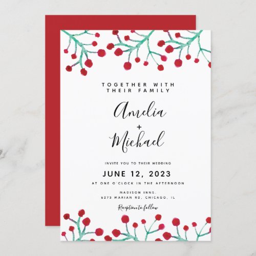 Christmas Watercolor Red Berry Botanical Wedding Invitation