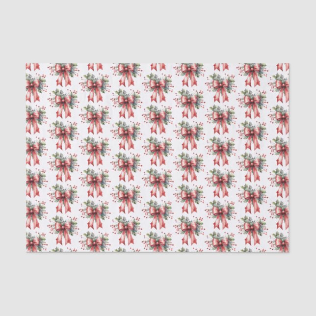 Christmas Watercolor Red Bow Holly Pattern Tissue Paper (Front)