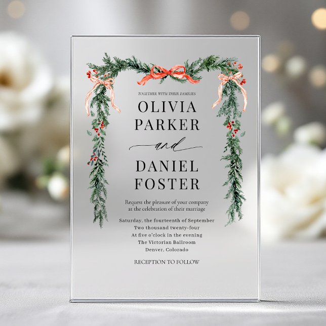Christmas Watercolor Red Bow Winter Wedding Acrylic Invitations (Creator Uploaded)