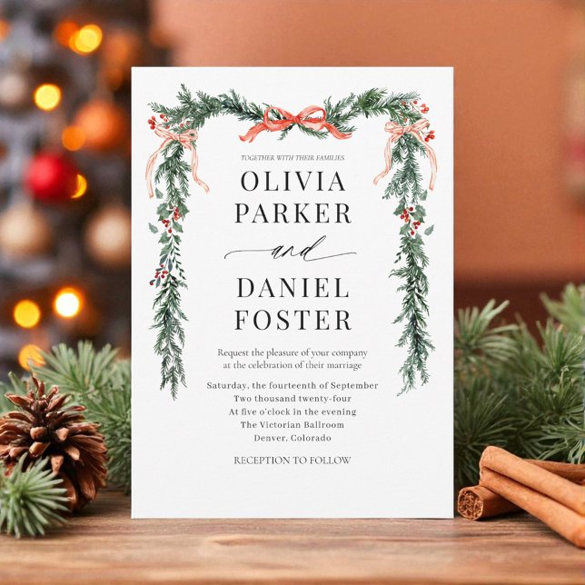 Christmas Watercolor Red Bow Winter Wedding Invitation (Creator Uploaded)