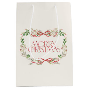 Christmas Watercolor Red Bows Traditional Vintage Medium Gift Bag