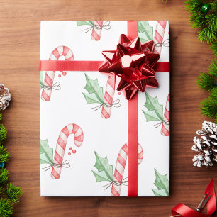 Christmas Watercolor Red Candy Canes and Greenery Wrapping Paper