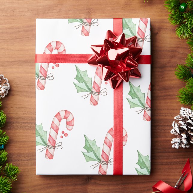 Christmas Watercolor Red Candy Canes and Greenery Wrapping Paper (Vintage Christmas Watercolor Red Candy Canes and Greenery Wrapping Paper by Painted Paperie
)