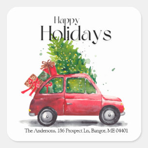 Christmas Watercolor Red Car Address Labels