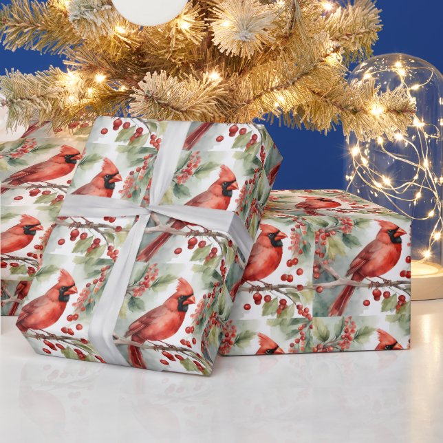 Christmas Watercolor Red Cardinal and Berries  Wrapping Paper (Holidays)