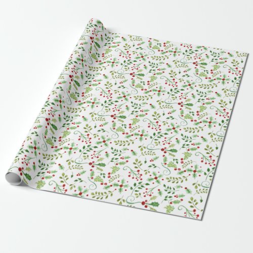 Christmas Watercolor Red Green Holly Berry Foliage Wrapping Paper