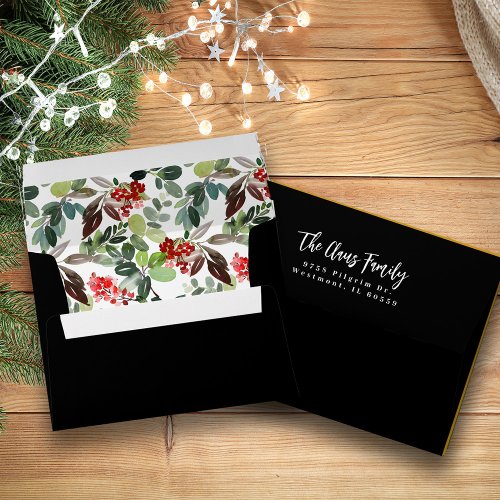 Christmas Watercolor Red Holly Berries Black Envelope