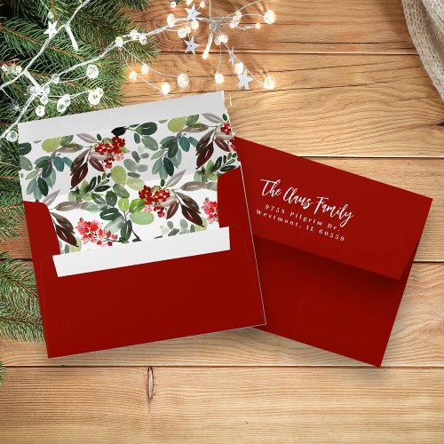 Christmas Watercolor Red Holly Berries Envelope