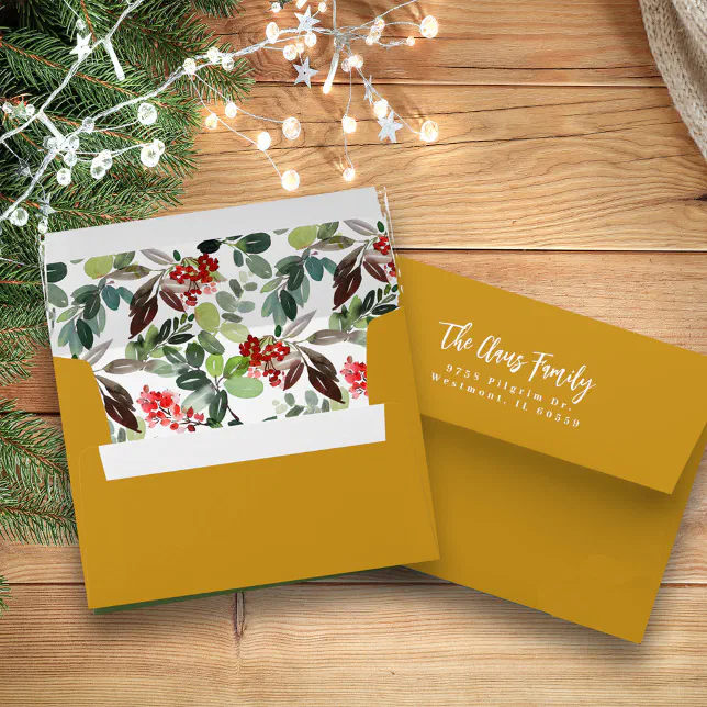 Christmas Watercolor Red Holly Berries Gold Envelope Zazzle