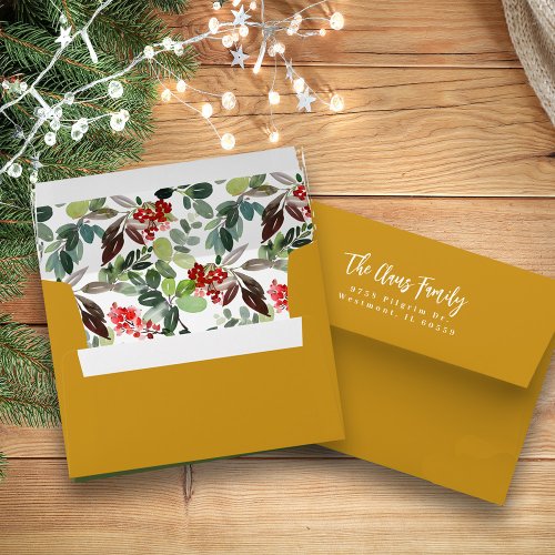 Christmas Watercolor Red Holly Berries Gold Envelope