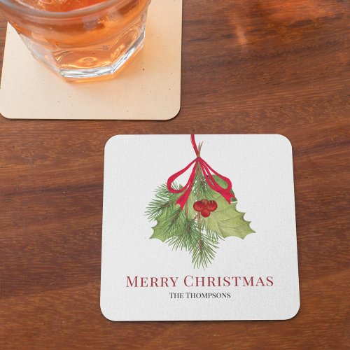 Christmas Watercolor Red Holly Berries Simple  Square Paper Coaster