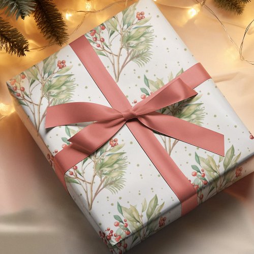 Christmas Watercolor Red Holly Greenery Wrapping Paper