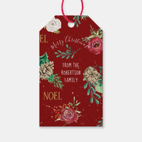 Christmas Watercolor Red Peony Roses Floral Family Gift Tags