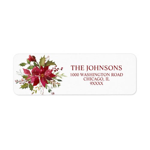 Christmas Watercolor Red Poinsettia Holly Berry Label