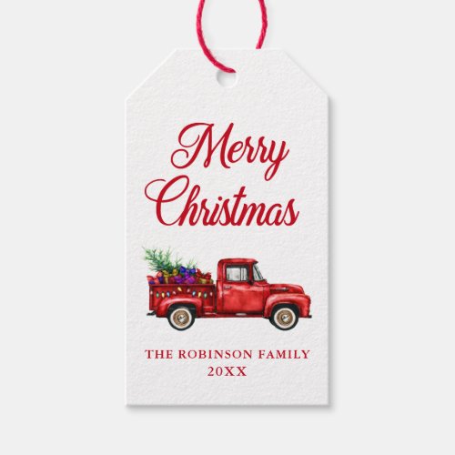 Christmas Watercolor Red Truck Tree Gifts Lights Gift Tags