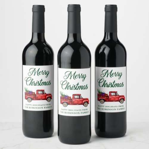 Christmas Watercolor Red Truck Tree String Lights Wine Label
