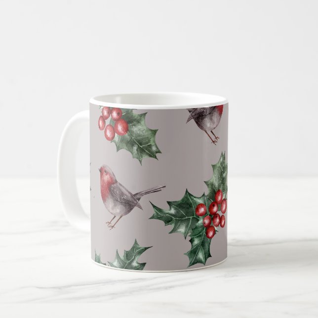 Christmas Watercolor Robin Birds Pattern Coffee Mug (Front Left)