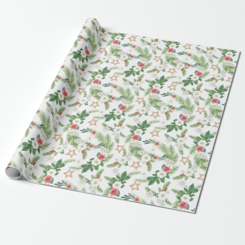 Christmas Watercolor Roses Pinecones Branch Wrapping Paper