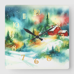 Christmas Watercolor Rural Winter Scene Square Wall Clock