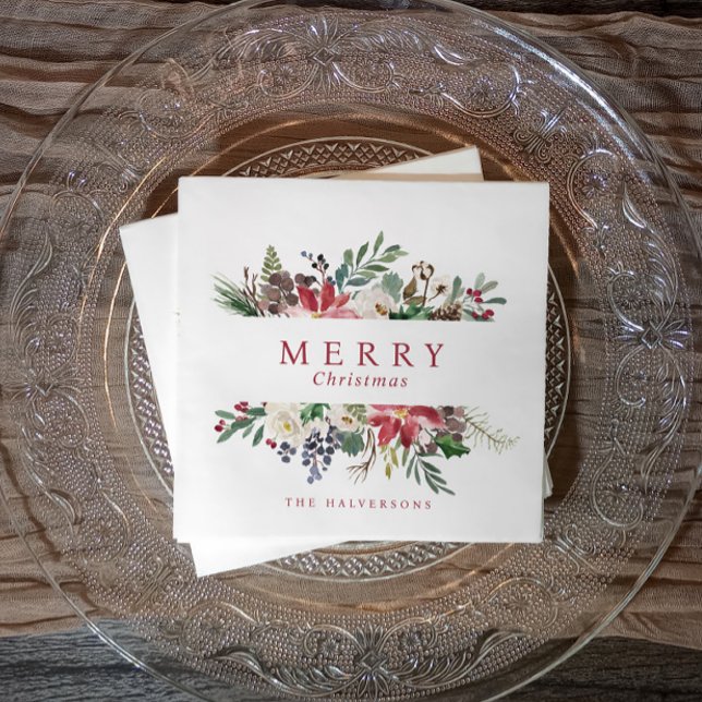 Christmas Watercolor Rustic Botanical Greenery Napkins (Festive watercolor Christmas party napkins - office holiday party decor)