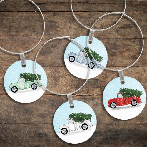 Christmas Watercolor Rustic Red Truck Colorful  Wine Charm
