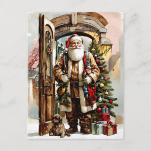 Christmas Watercolor Santa Claus with Dog Holiday Postcard