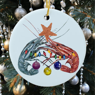 Christmas Watercolor Shrimp Crustacean Ceramic Ornament