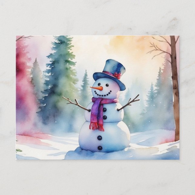 Christmas Watercolor Snowman and Winter Forest Holiday Postcard (Front)