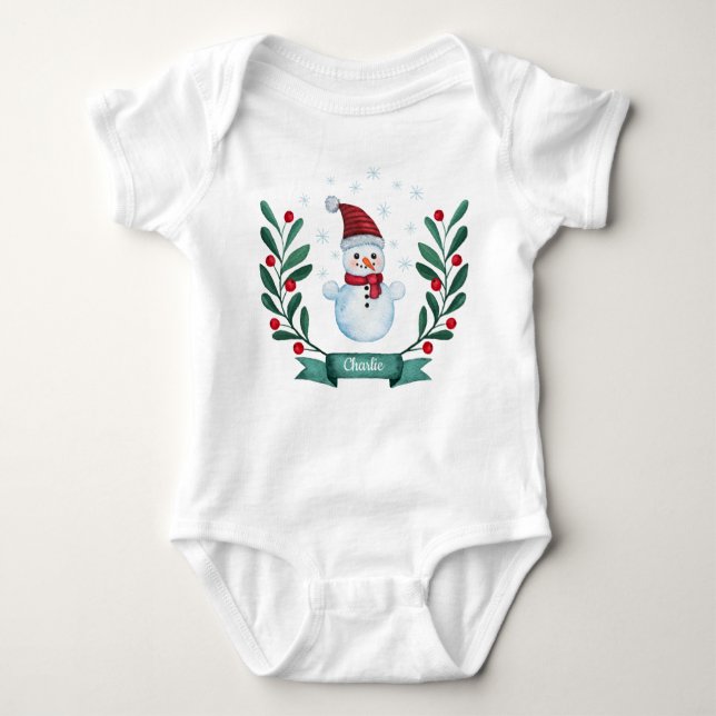 Christmas Watercolor Snowman Custom Baby Bodysuit (Front)