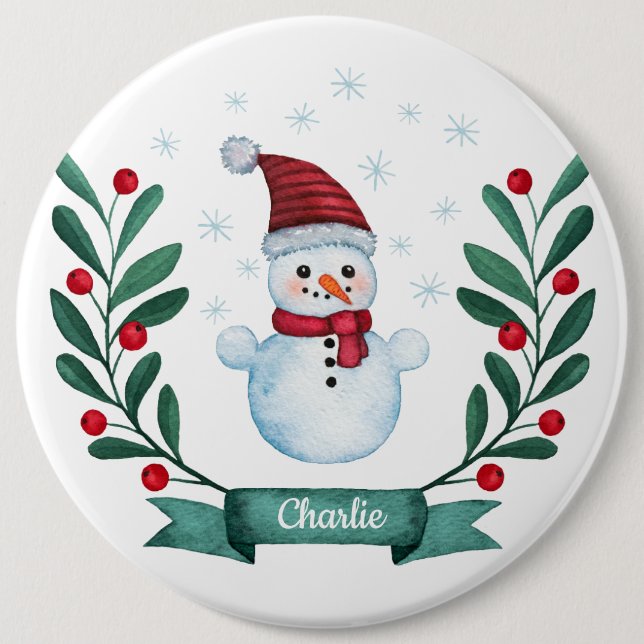 Christmas Watercolor Snowman Custom Button (Front)
