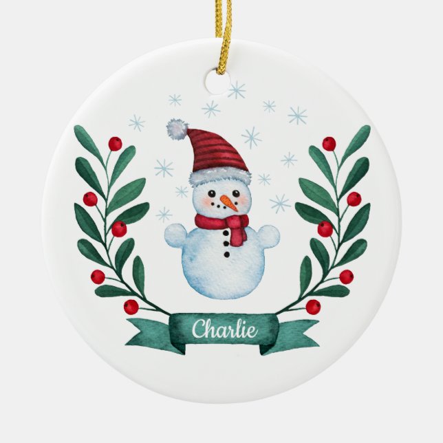 Christmas Watercolor Snowman Custom Ceramic Ornament (Front)
