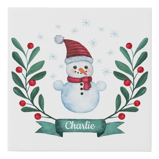 Christmas Watercolor Snowman Custom Faux Canvas Print (Front)
