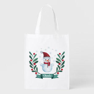 Christmas Watercolor Snowman Custom Grocery Bag