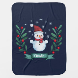 Christmas Watercolor Snowman Custom Navy Blue Baby Blanket
