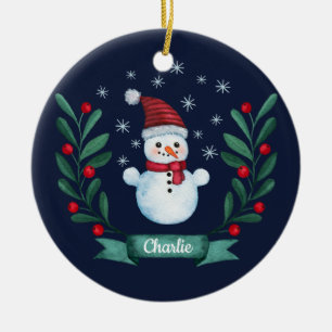 Christmas Watercolor Snowman Custom Navy Blue Ceramic Ornament