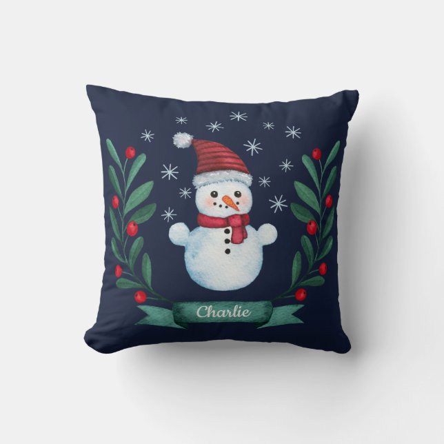 Christmas Watercolor Snowman Custom Navy Blue Throw Pillow (Front)